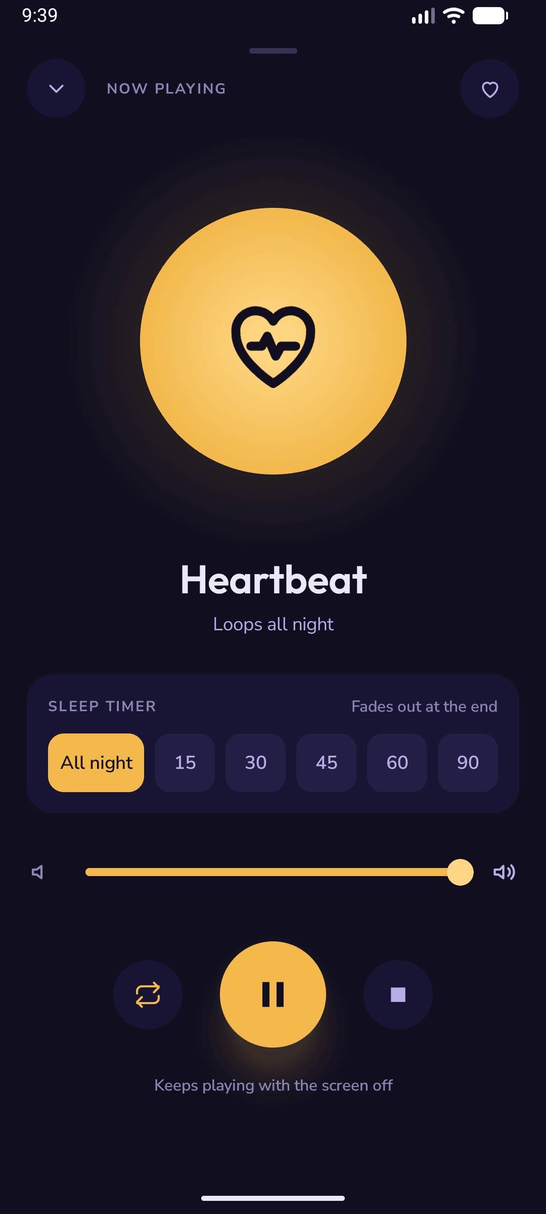 Little Napper's Now Playing screen: the breathing orb, the timer presets and the volume slider