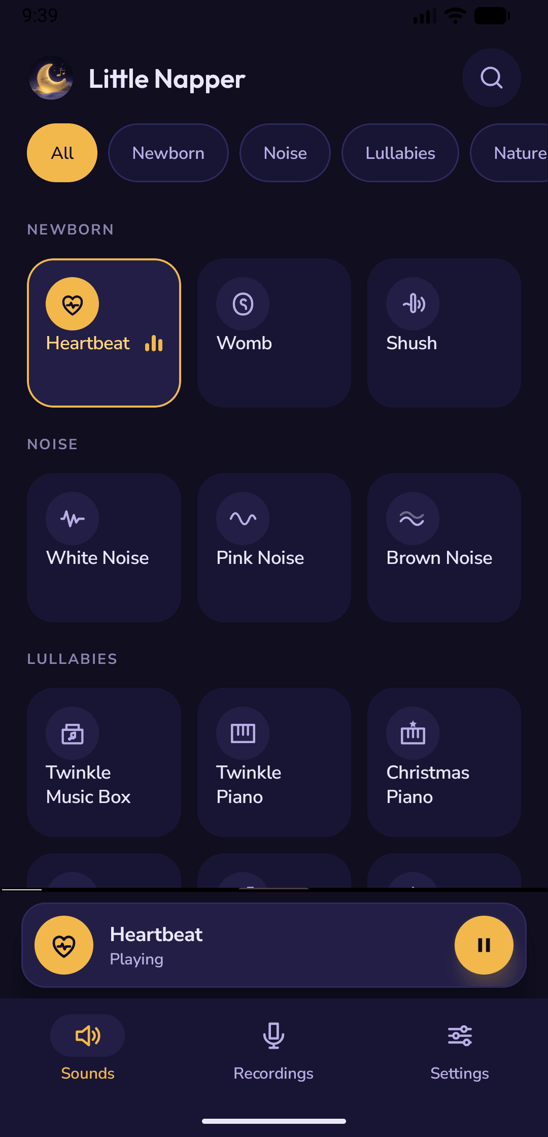 Little Napper's Sounds screen: Heartbeat playing in the Newborn row, Womb and Shush next to it, the mini player at the bottom